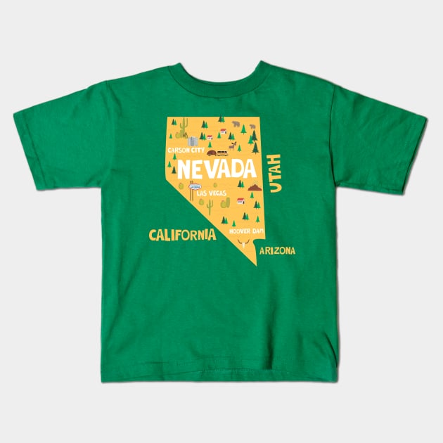 Nevada State USA Illustrated Map Kids T-Shirt by JunkyDotCom